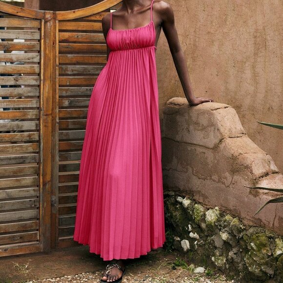 Hot Pink Fuchsia Bohemian Women's Sleeveless Spaghetti Strap Mini Dress - Picture 2 of 9